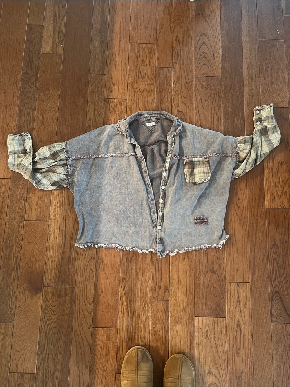 POL Cropped Washed Denim Button-Up with Plaid Sleeves